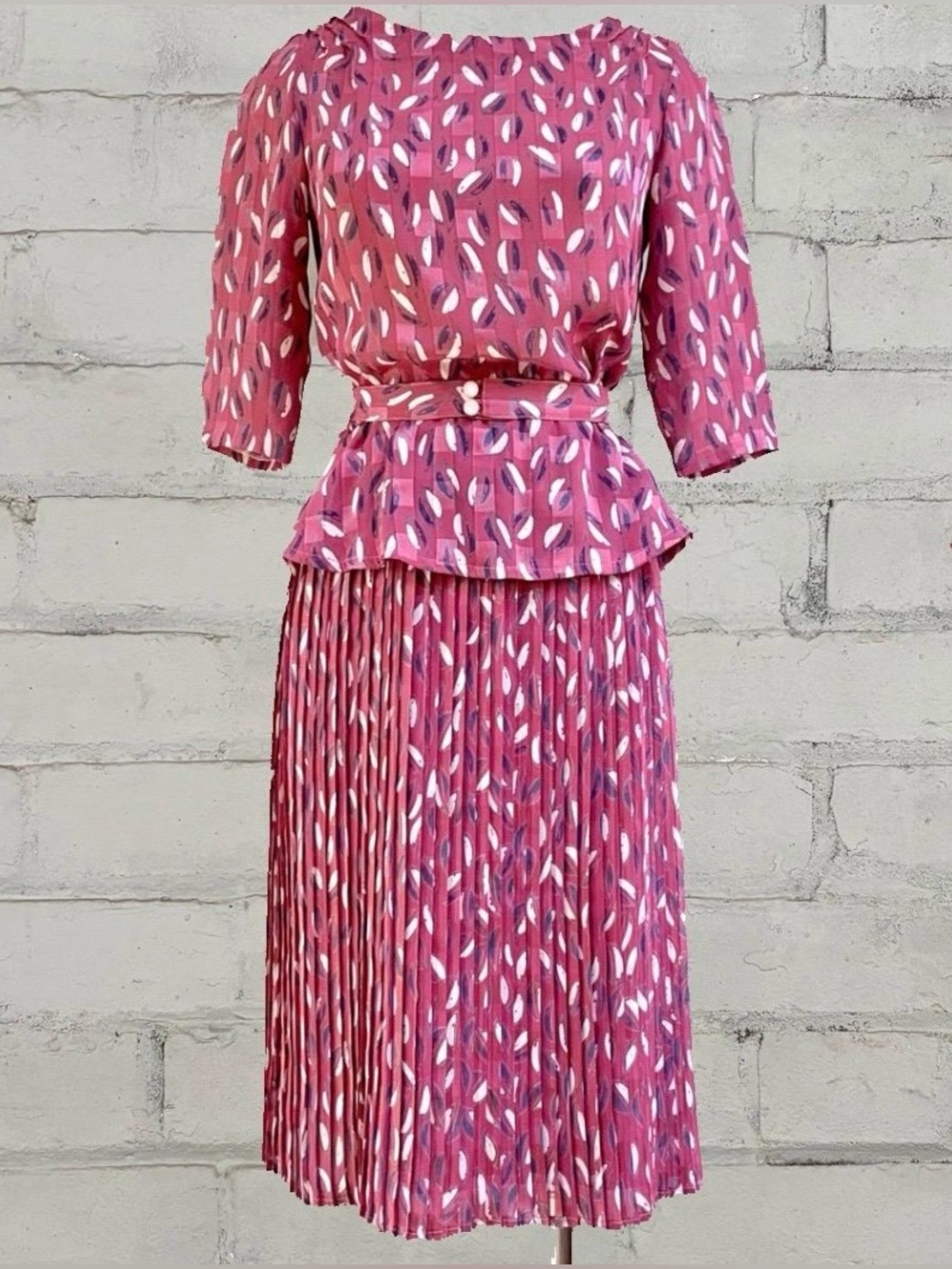 Vintage Pink Pleated Peplum Dress with Matching Belt